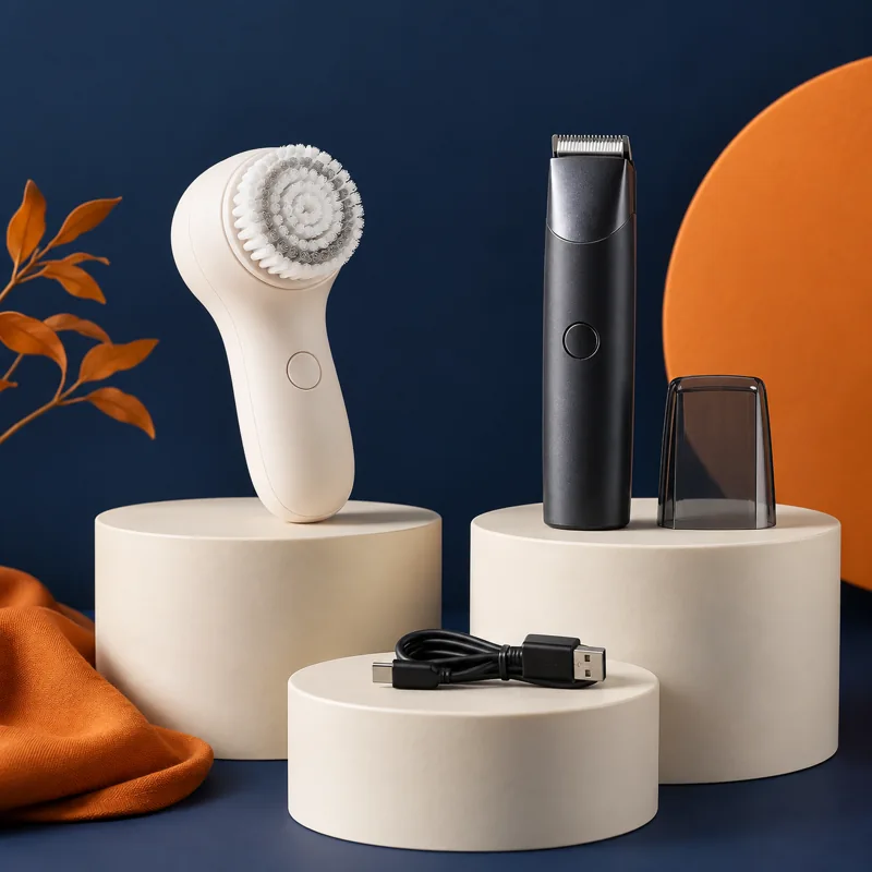 Compact facial cleansing brush and electric trimmer with charging cable