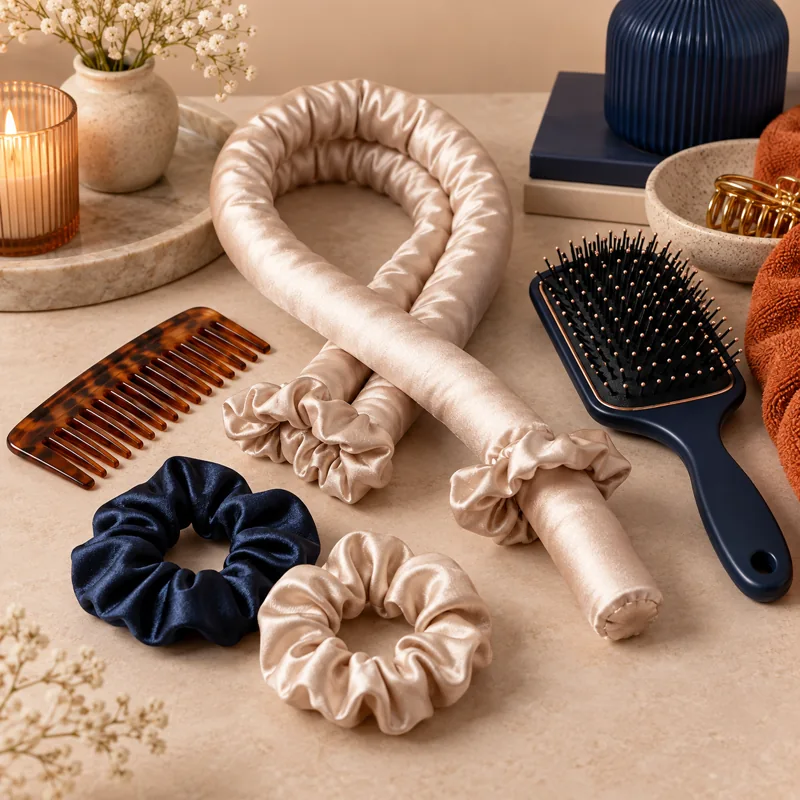 Heatless curling ribbon, satin scrunchies, comb and paddle brush