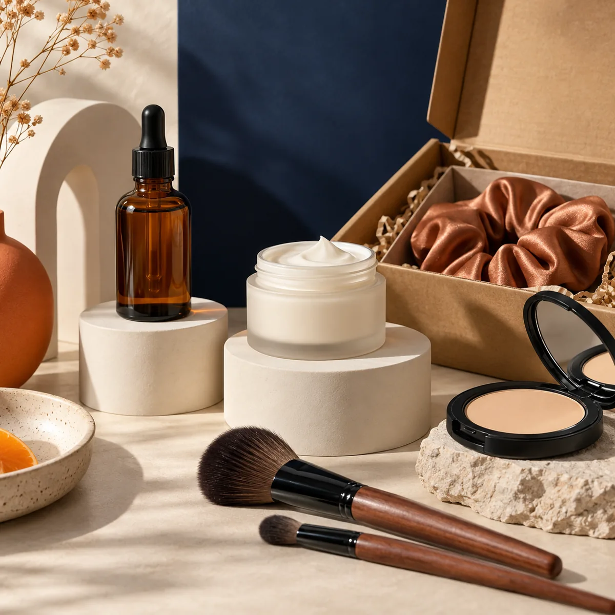 Unbranded beauty products, makeup tools and ecommerce packaging arranged together