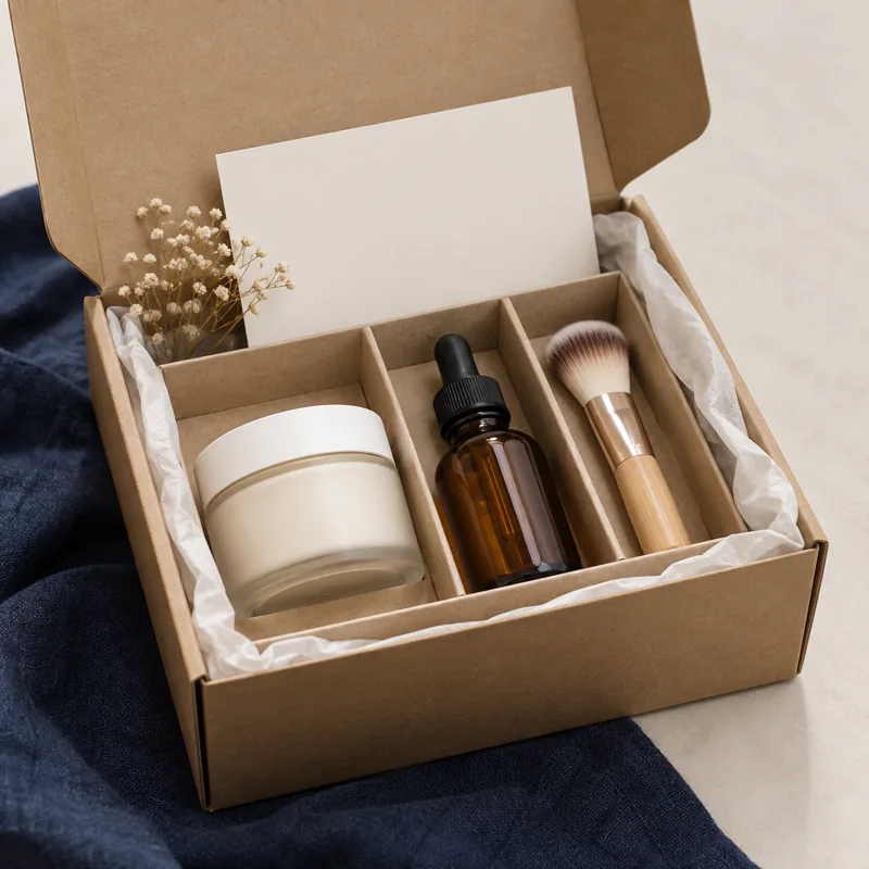 Beauty customer kit in a kraft box with divided paperboard packaging