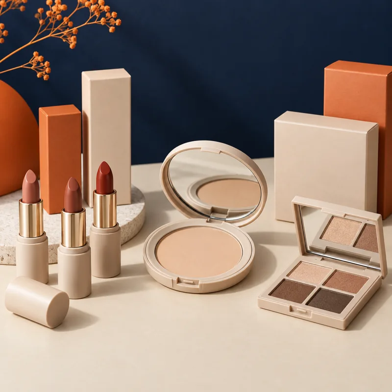 Unbranded lipstick, pressed powder and eyeshadow palette