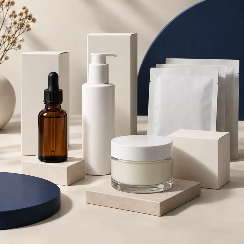 Closed skincare bottles, cream jar, mask sachets and plain cartons