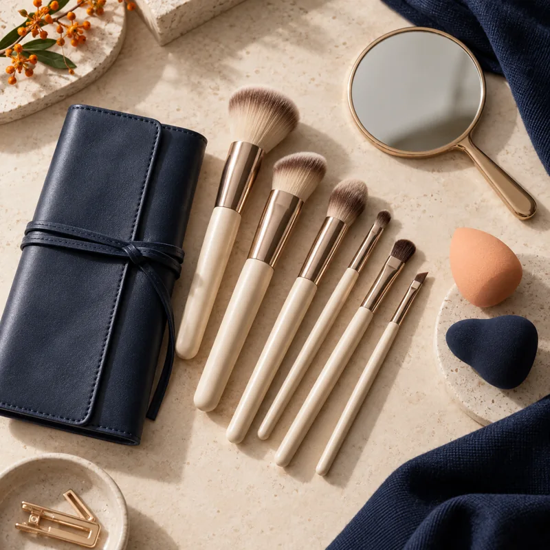 Makeup brushes, cosmetic sponges, mirror and brush pouch