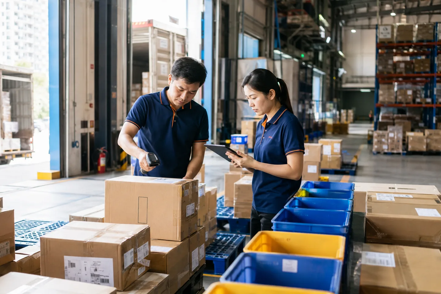 Warehouse operators scanning and verifying supplier cartons during China 3PL receiving