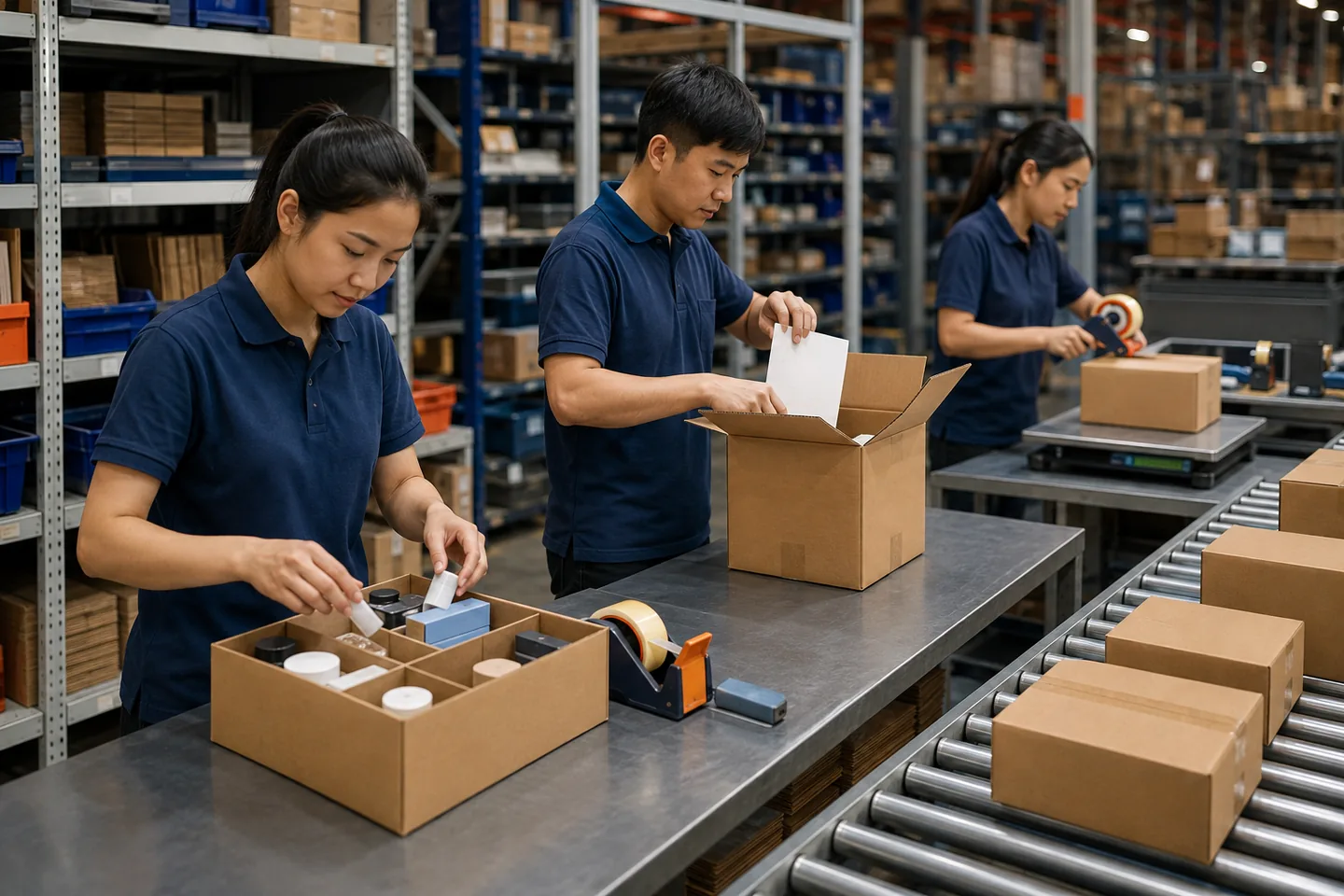 China 3PL team assembling kits, packing ecommerce orders and weighing parcels