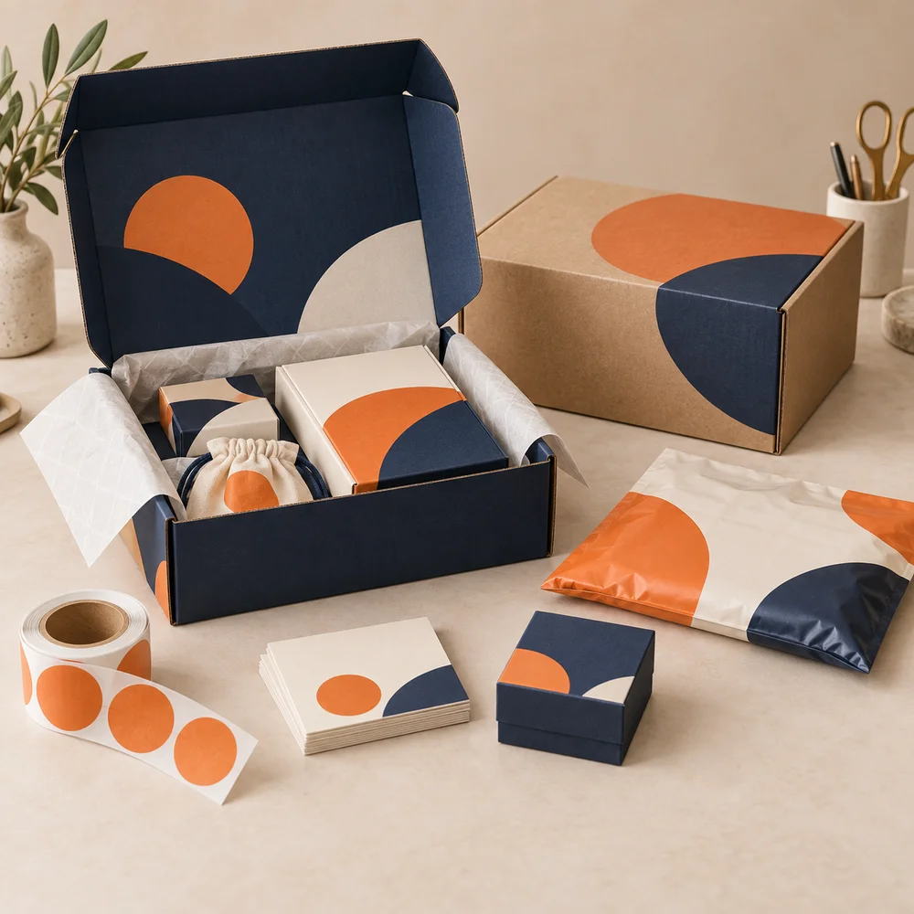 Custom branded mailer boxes, shipping bag, stickers and cards