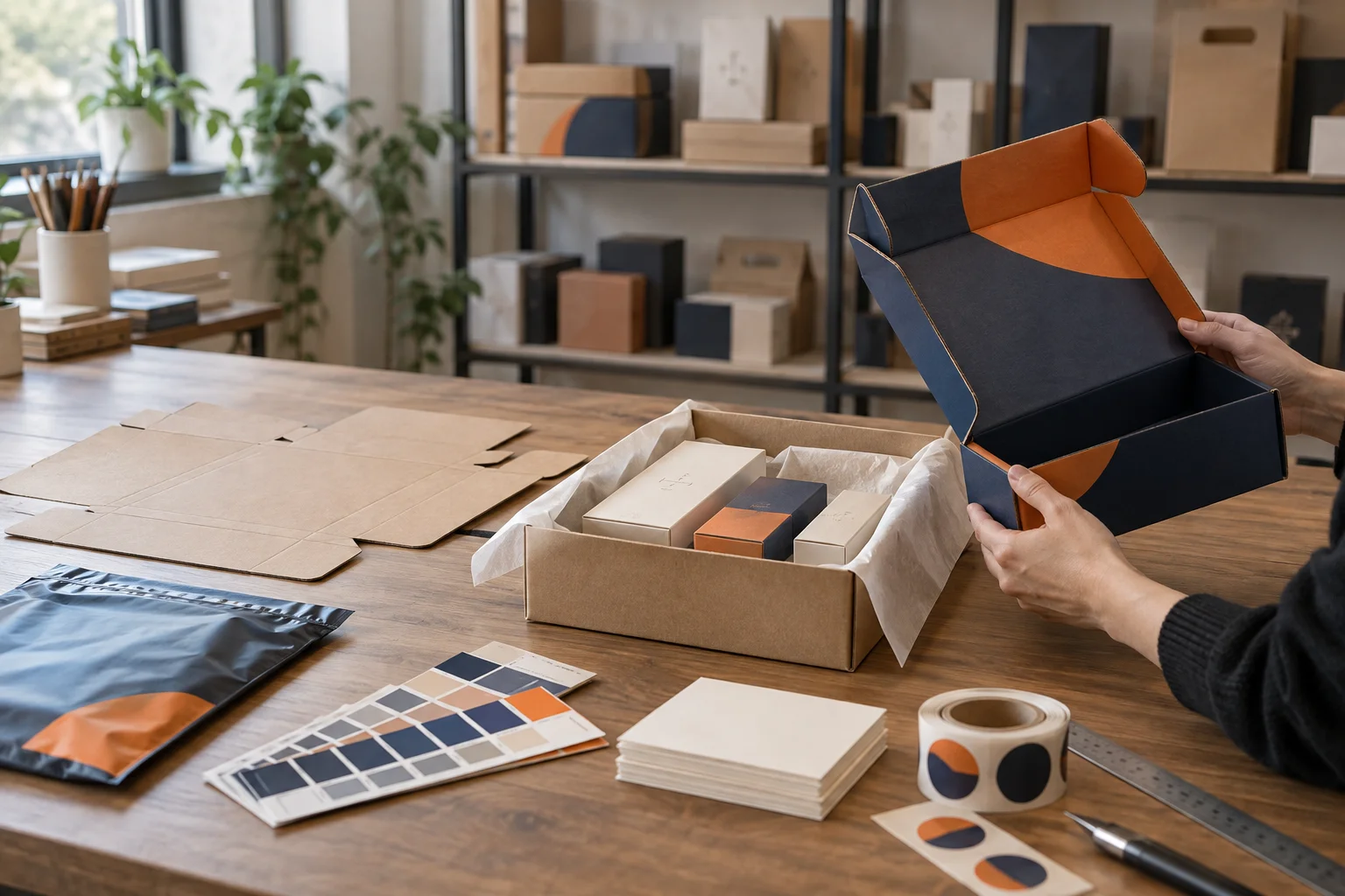 Custom packaging sample inspection with mailer boxes, print swatches and insert cards