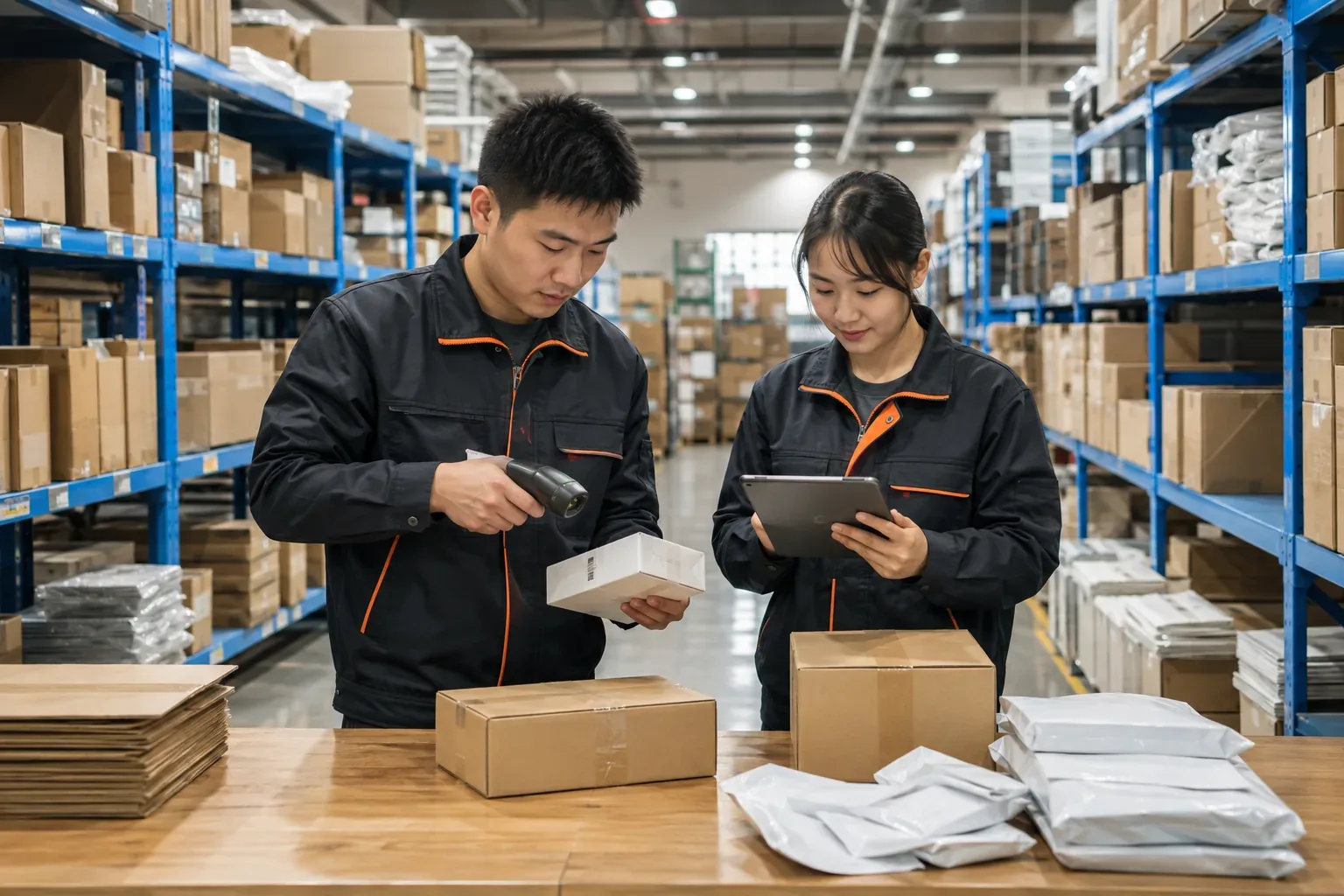 China dropshipping fulfillment staff scanning an SKU and checking an ecommerce order in a warehouse