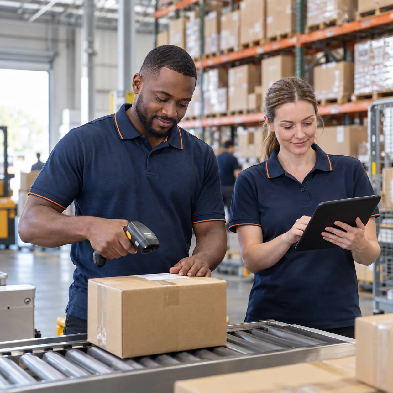 Black and white American warehouse workers scanning and checking an ecommerce parcel