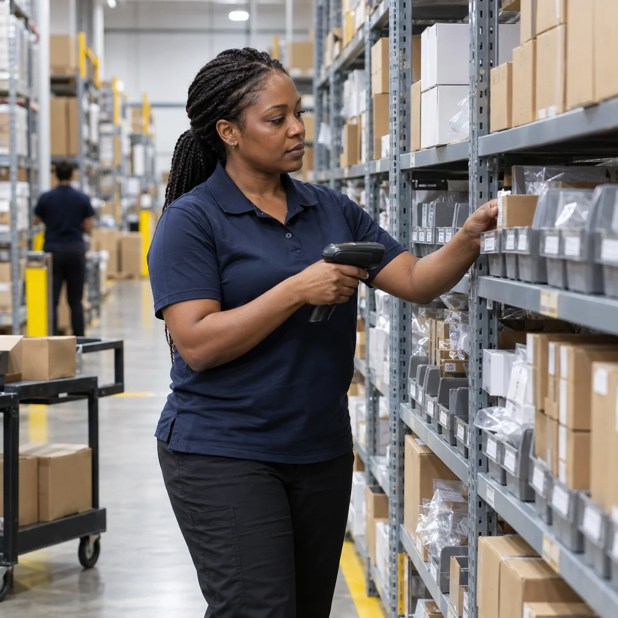 Black American warehouse associate scanning organized ecommerce inventory