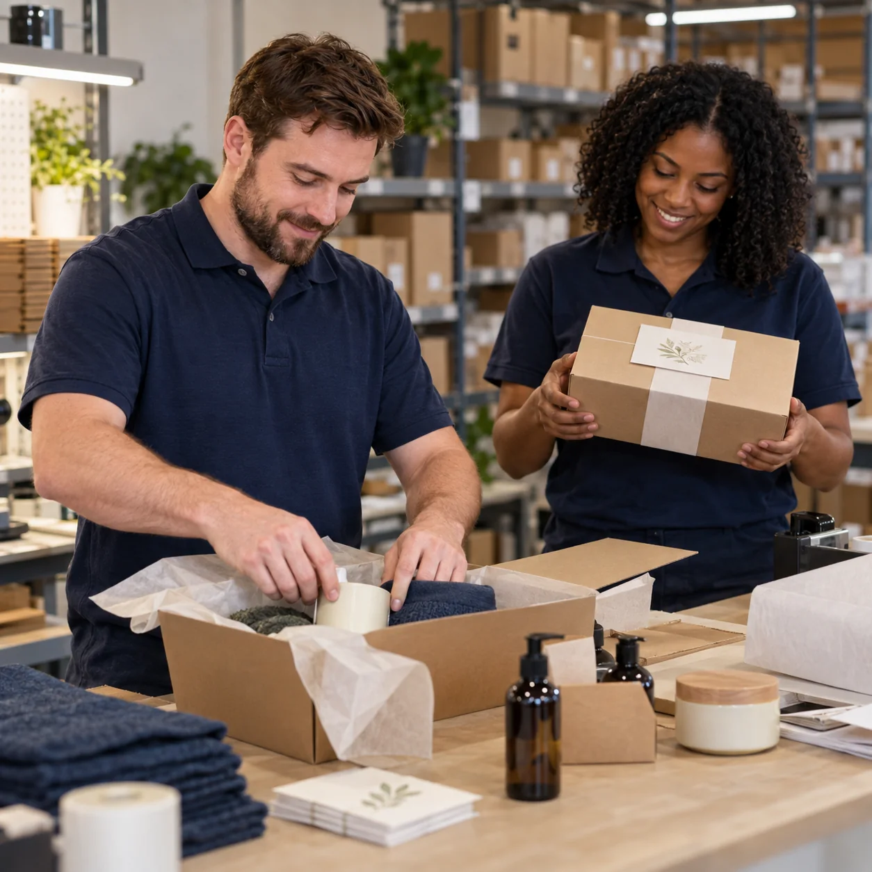 Black and white American warehouse workers preparing an ecommerce product kit