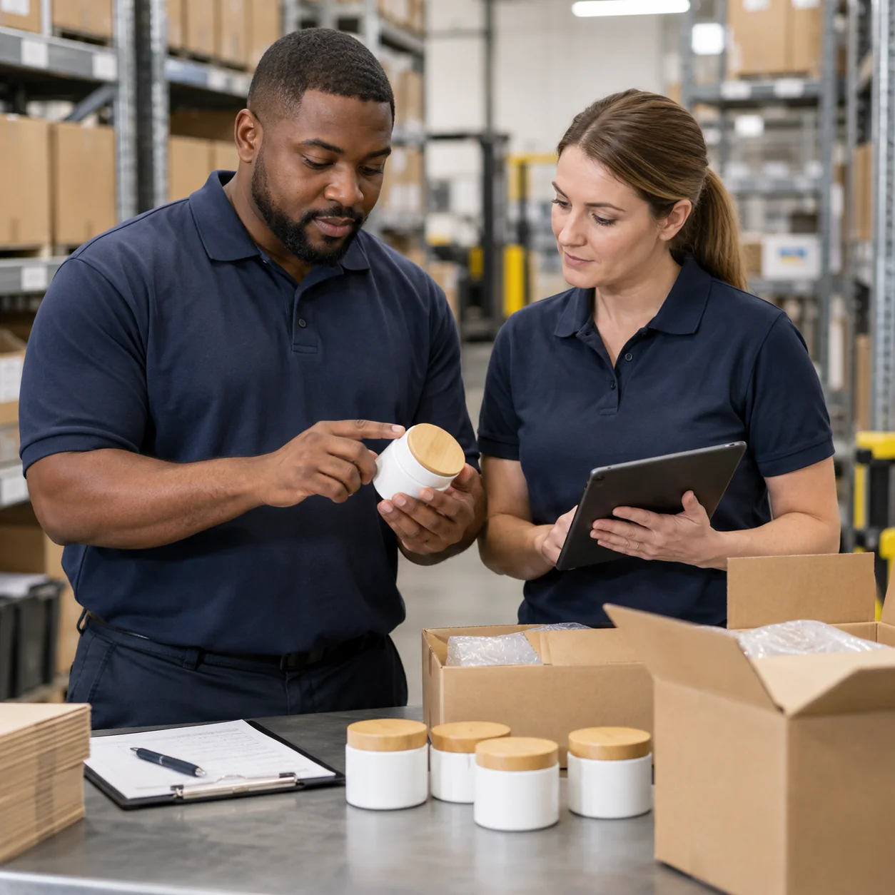 Black and white American warehouse specialists reviewing a controlled inventory pilot