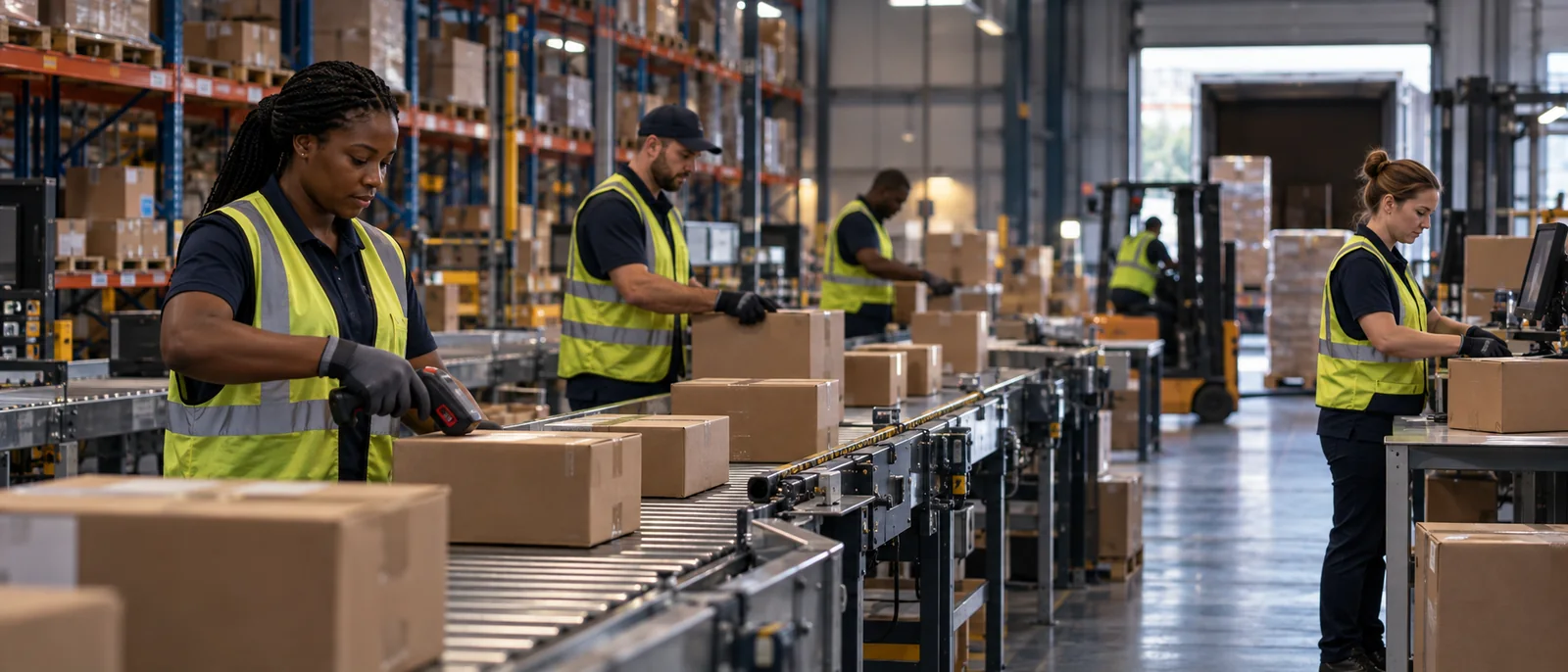 Warehouse team reviewing parcels and packaging instructions