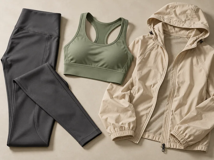 Unbranded activewear garments arranged with visible seams and fabric texture