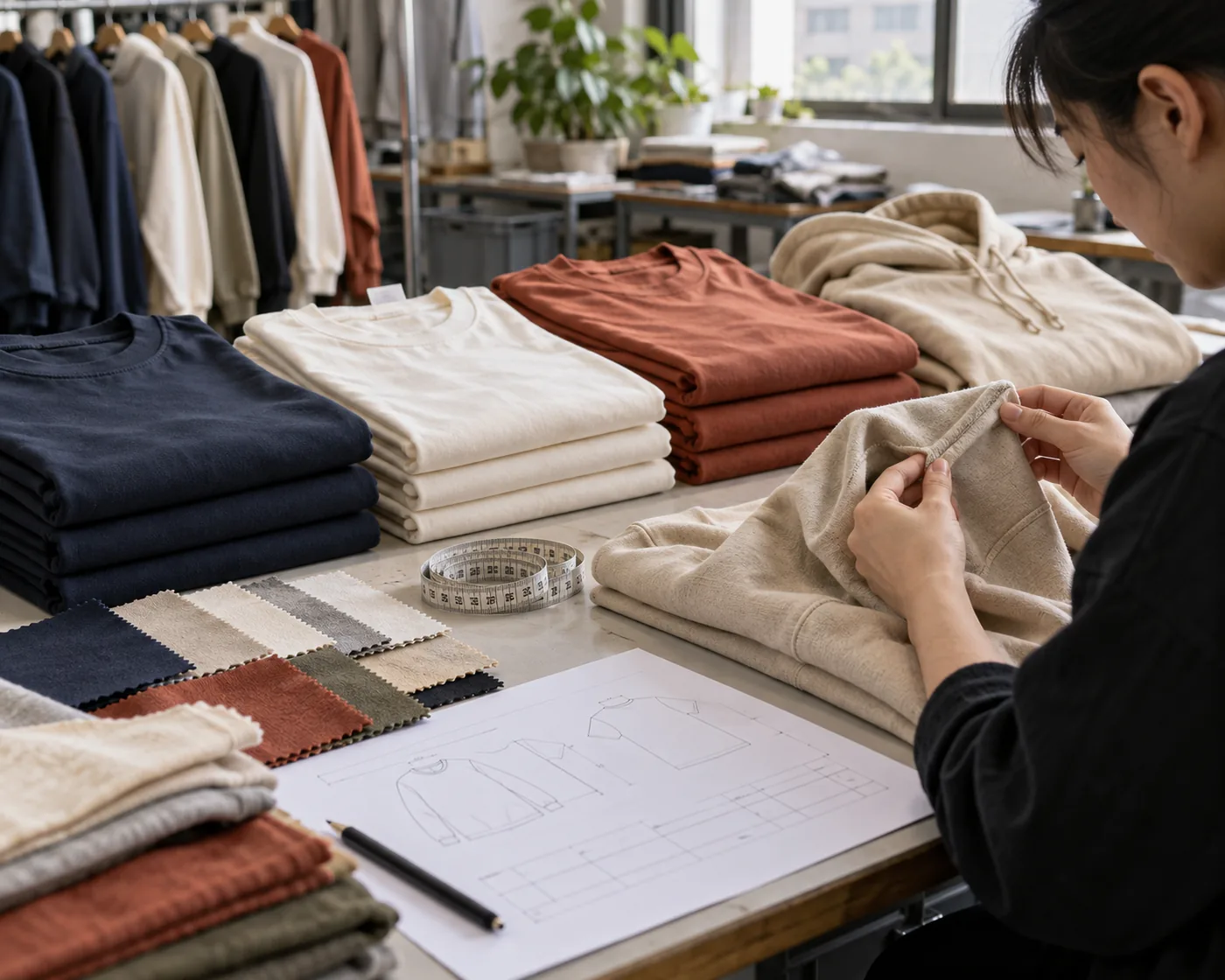Clothing sample and fabric swatches being checked in an apparel workspace