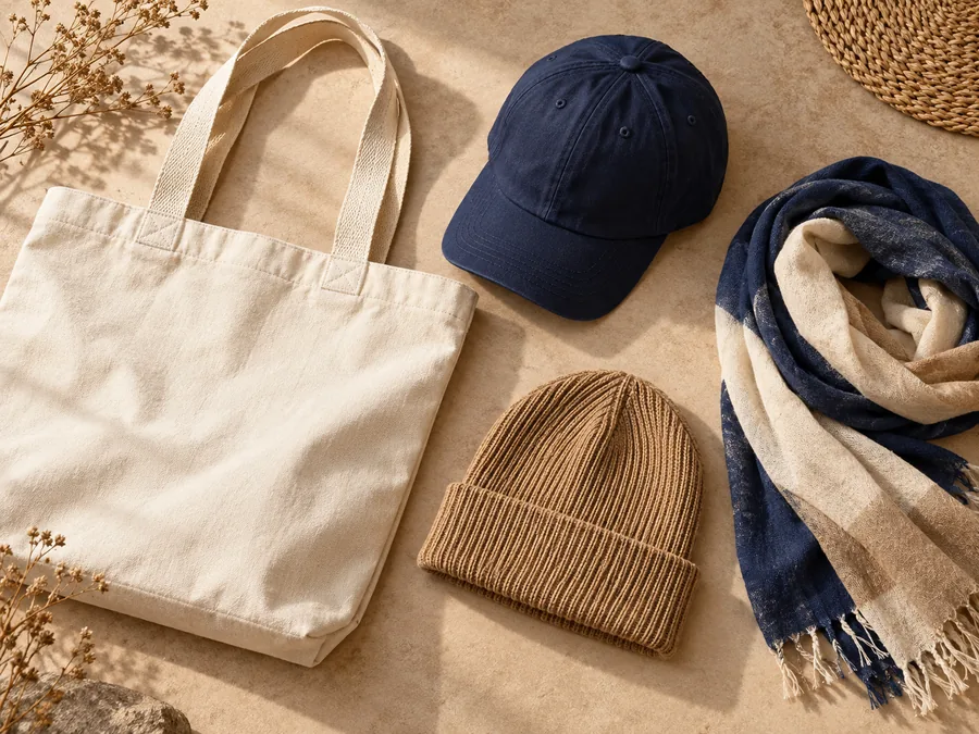 Unbranded canvas tote cap beanie and scarf arranged together