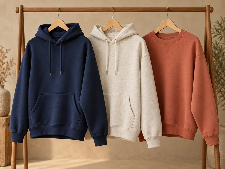 Unbranded hoodies and sweatshirts on hangers