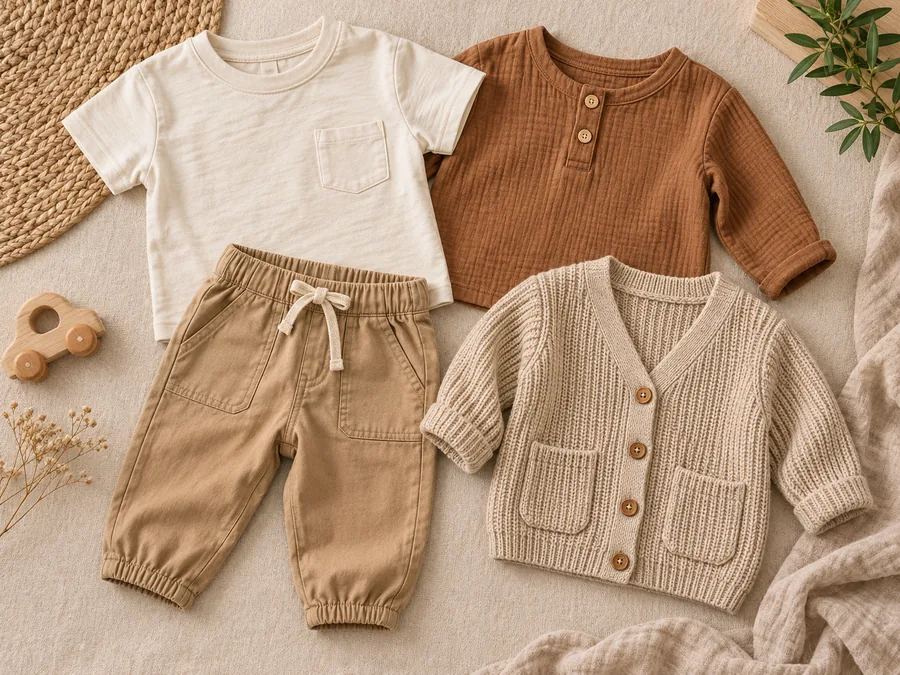 Unbranded childrens cotton garments laid out for a product category