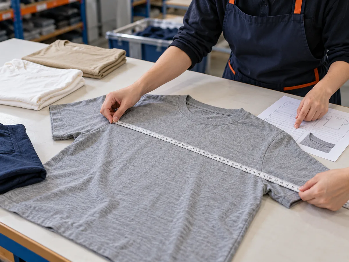 Apparel inspector measuring a T-shirt against a sample specification