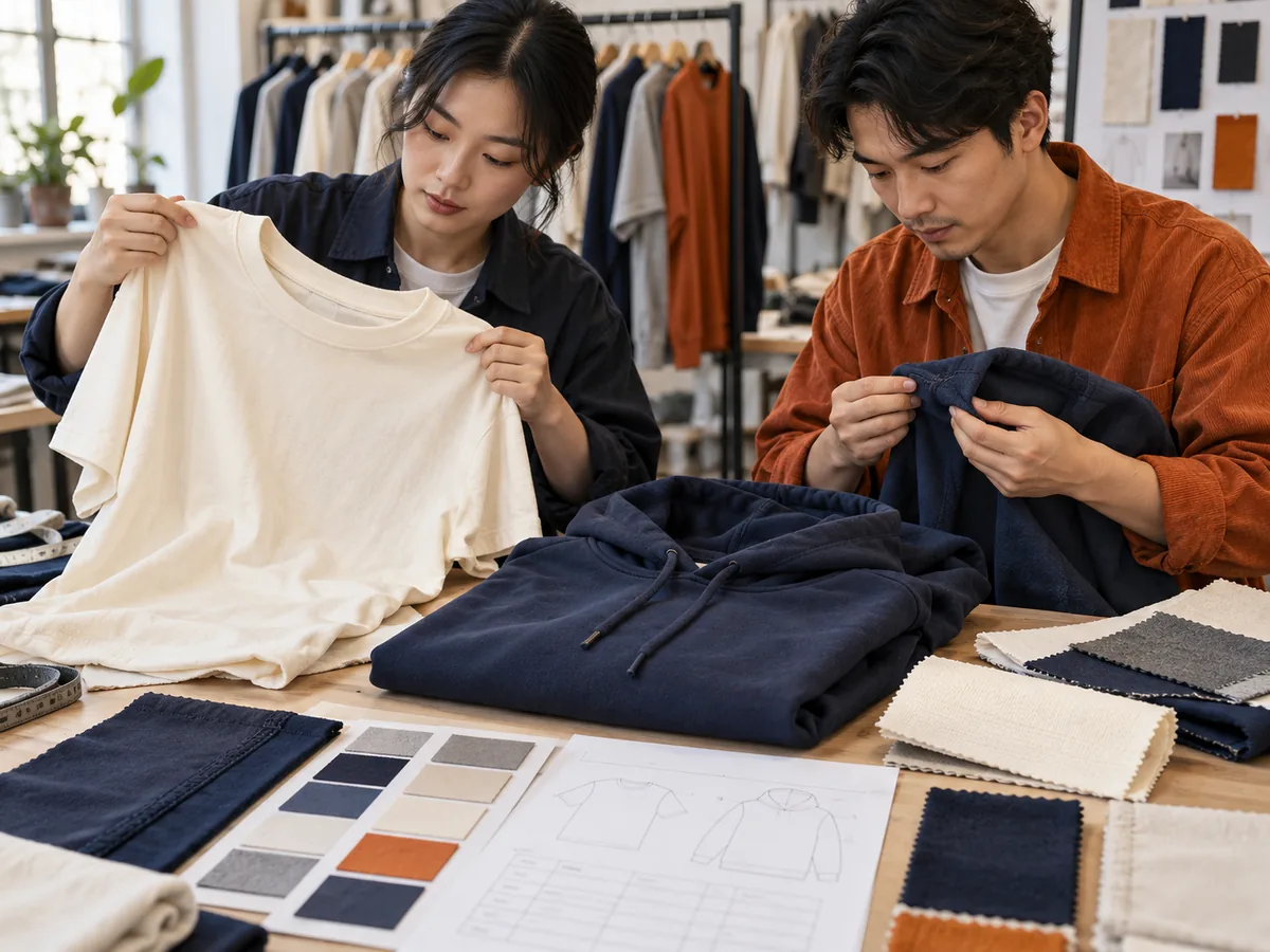 Apparel sourcing specialists comparing T-shirt and hoodie samples with fabric swatches