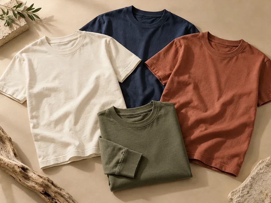 Unbranded cotton t-shirts in several colors arranged for product comparison