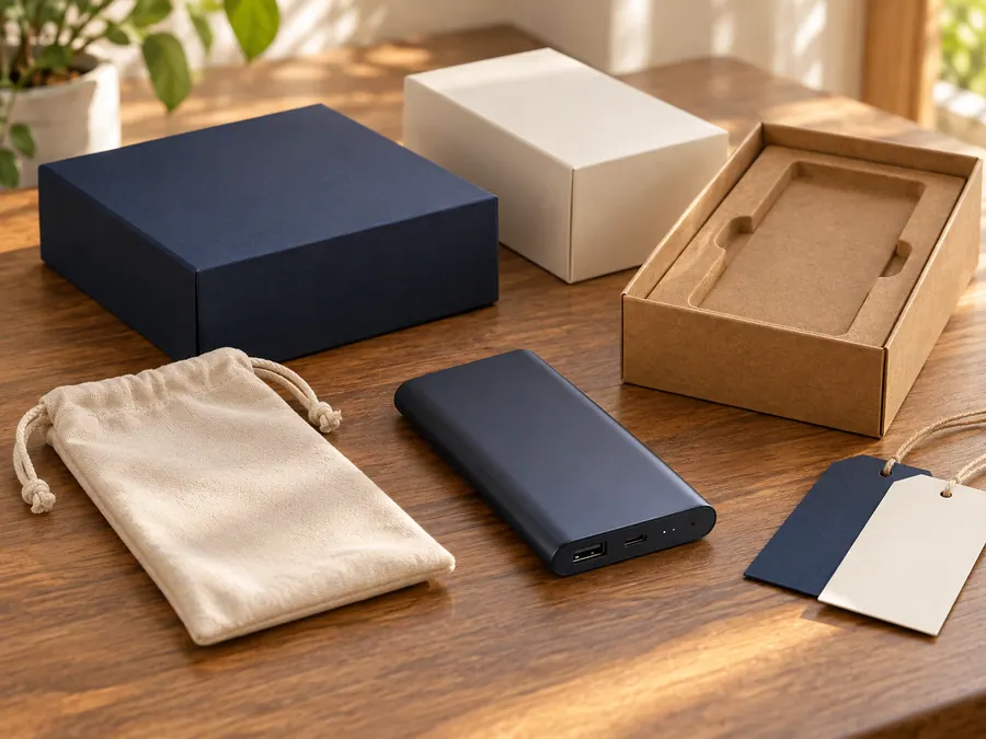 Unbranded power bank with plain boxes, pouch and packaging inserts