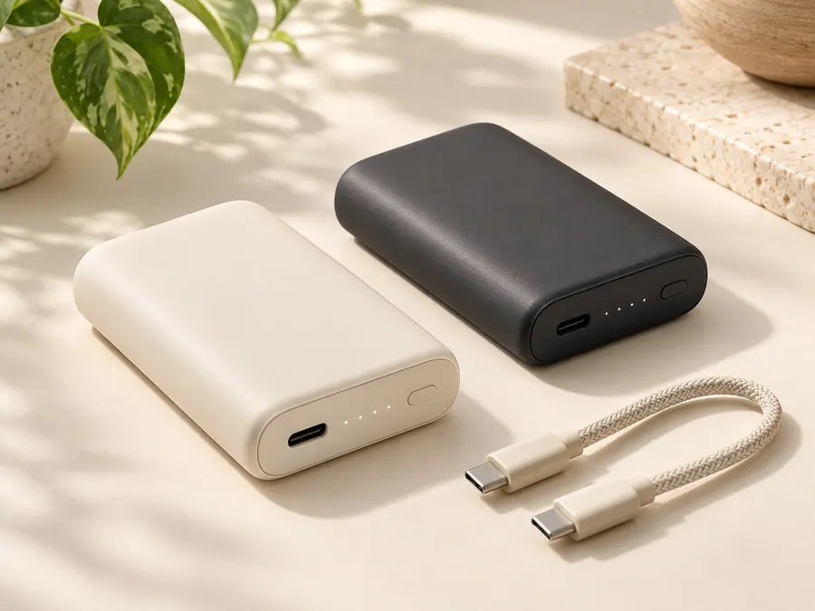Two compact unbranded USB-C power banks with charging cable