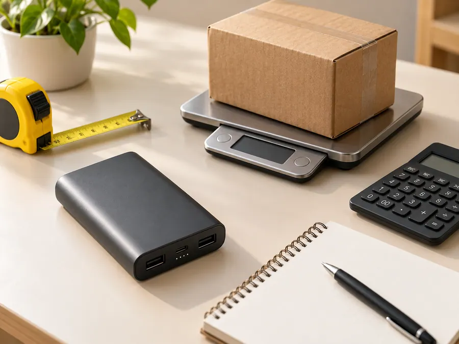Power bank, parcel scale, tape measure and calculator for cost planning