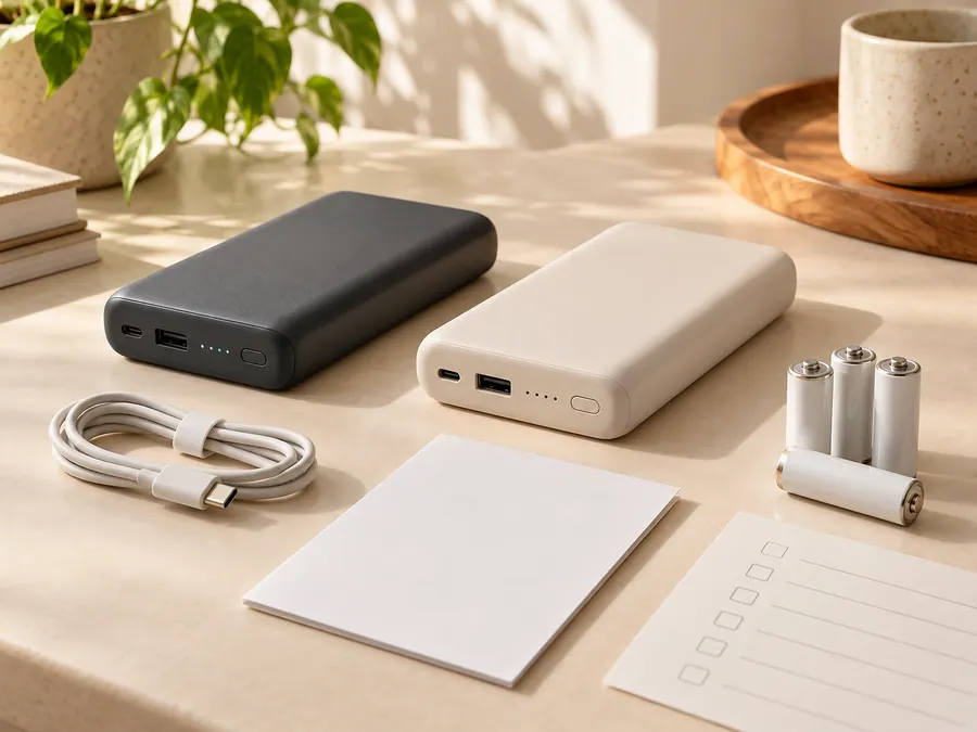 Power banks, rechargeable batteries and USB-C cable beside a blank checklist