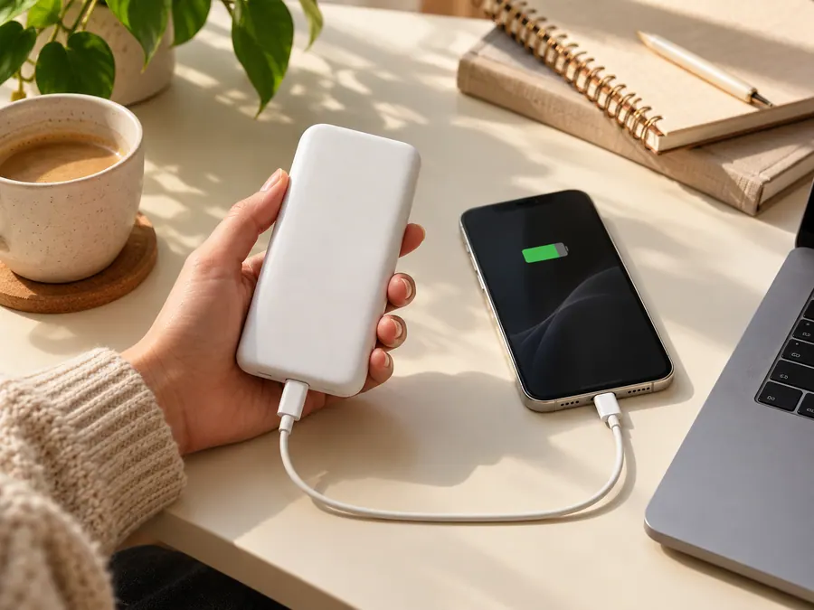 Hand holding an unbranded power bank while charging a smartphone