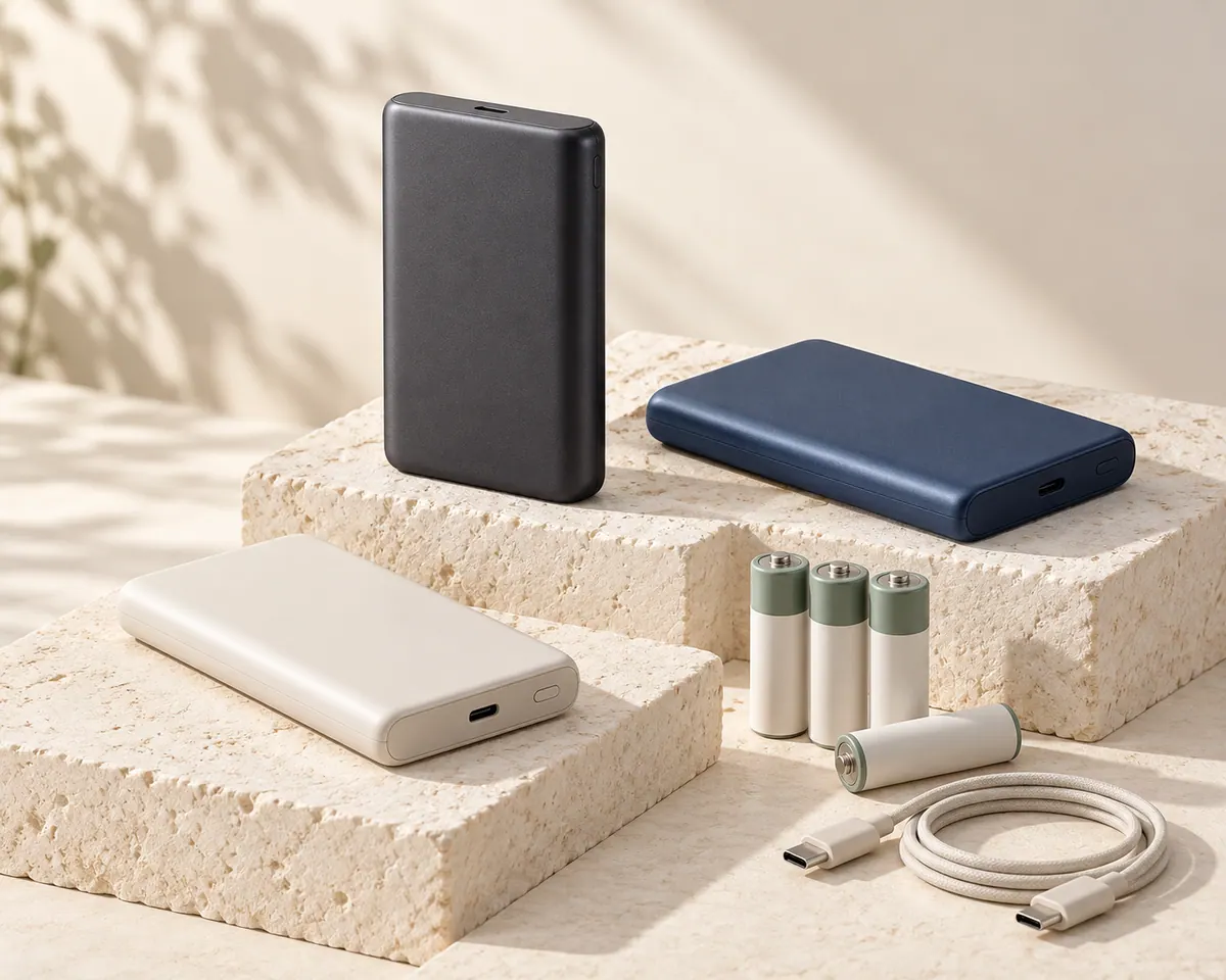 Unbranded portable power banks, rechargeable batteries and USB-C cable on cream stone plinths
