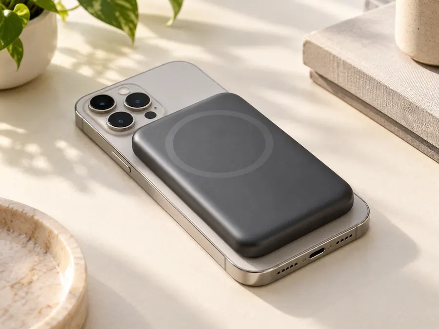 Magnetic wireless power bank attached to a smartphone