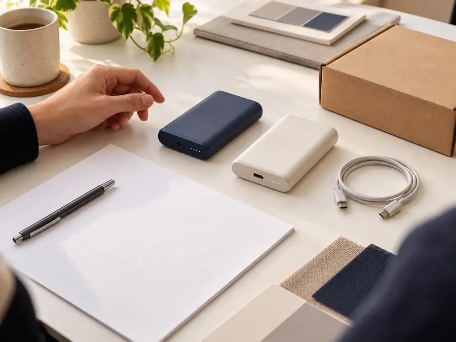 Portable charger samples, product brief and USB-C cable prepared for consultation
