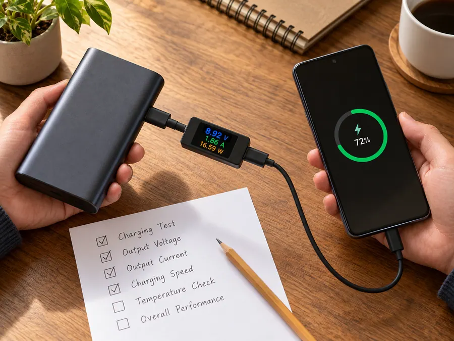 USB-C power bank connected to a digital power meter for sample testing