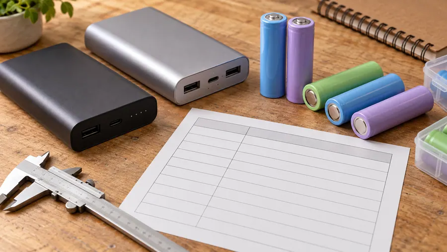 Battery cells, power banks, caliper and specification sheet for model identification