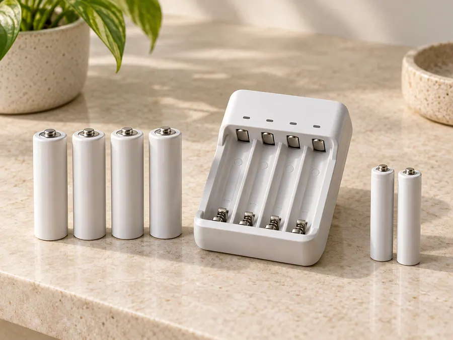 Rechargeable AA and AAA batteries beside a four-slot charger