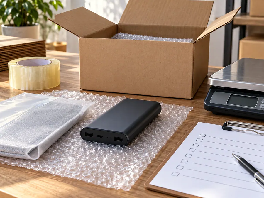 Power bank, protective packing, box and checklist on a shipping workbench