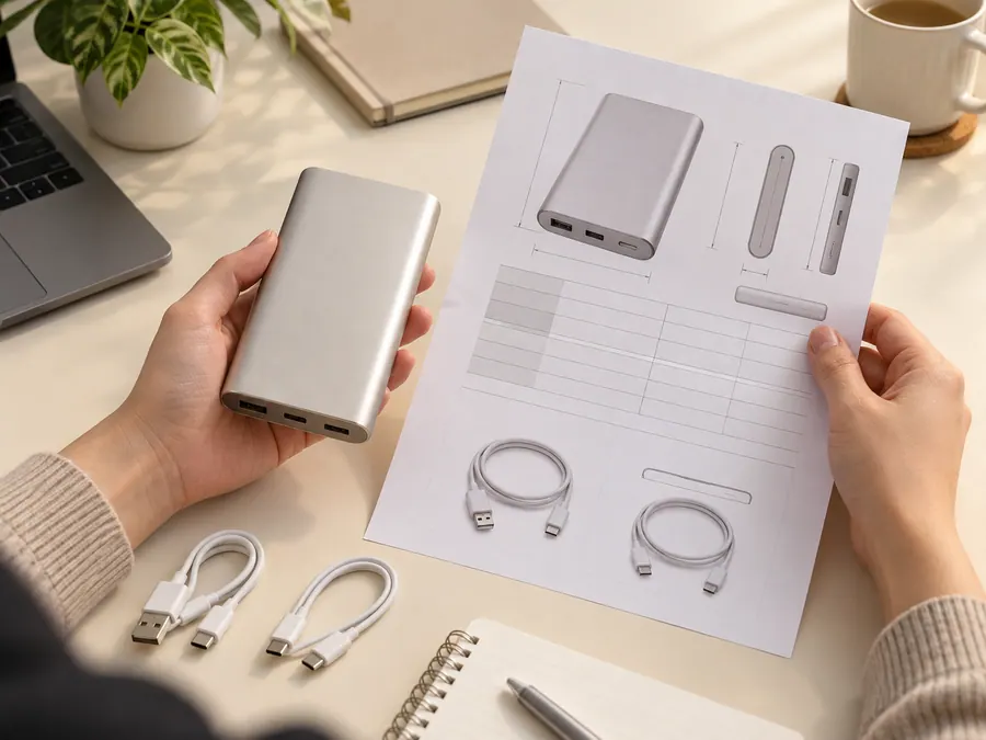Hands reviewing a power bank sample and specification sheet on a desk