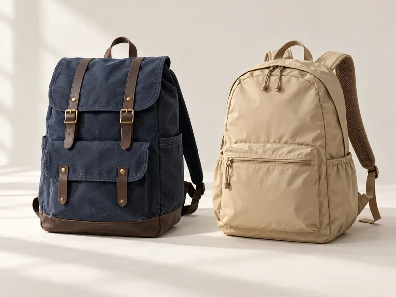 Navy canvas backpack and sand-colored daypack