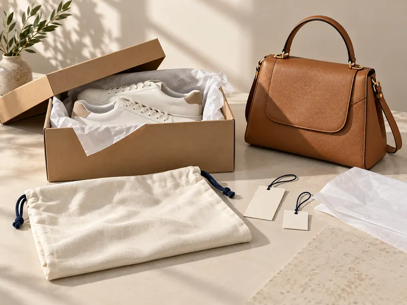 Branded packaging options for bags and shoes: shoe box, dust bag, tags and tissue