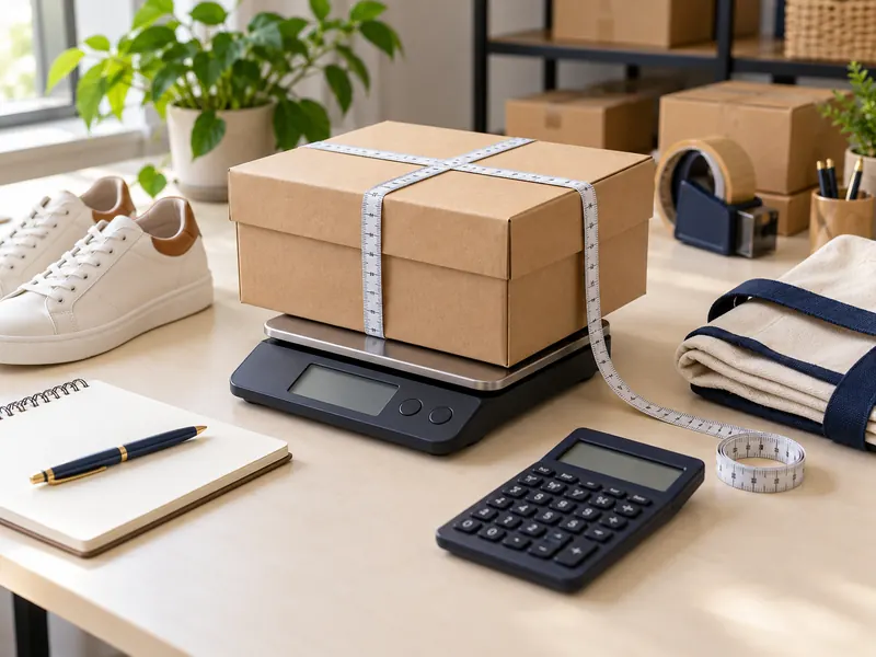 Packed shoe box on a parcel scale with measuring tape and calculator