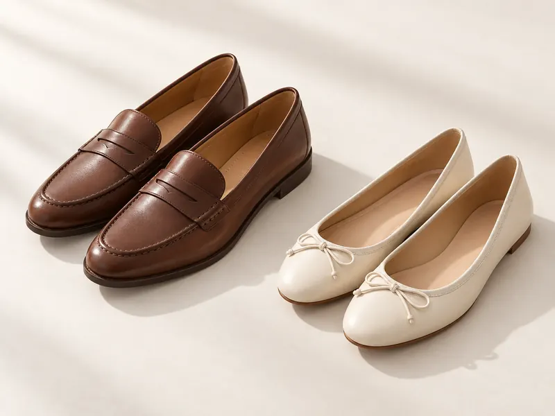 Brown loafers and ivory ballet flats