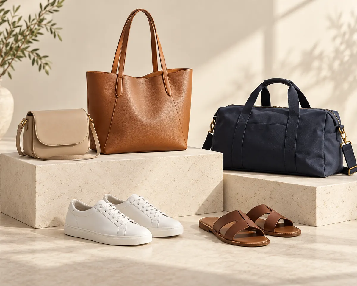 Illustrative collection of unbranded bags, white sneakers and sandals on cream studio plinths
