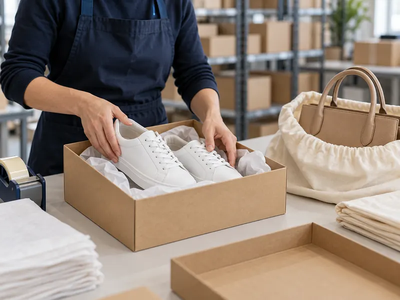 Illustrative sneaker packing with tissue paper, a kraft shoe box and a protected handbag