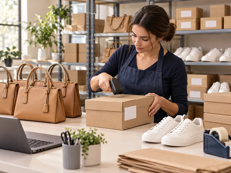 Illustrative scanning of a shoe order at a bags and footwear packing station