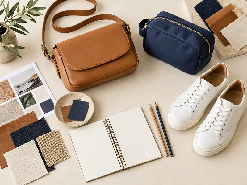 Bag and shoe collection with material swatches prepared for a sourcing brief