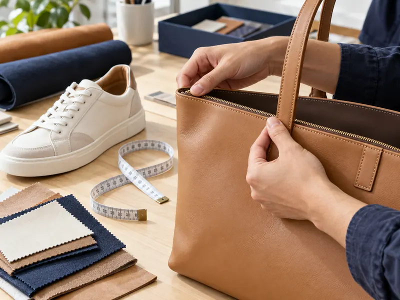 Illustrative sample inspection of bag stitching, hardware and footwear measurements