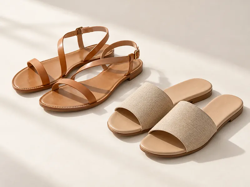 Tan flat sandals and sand-colored slides