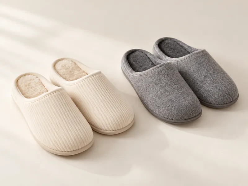 Cream house slippers and gray felt slippers