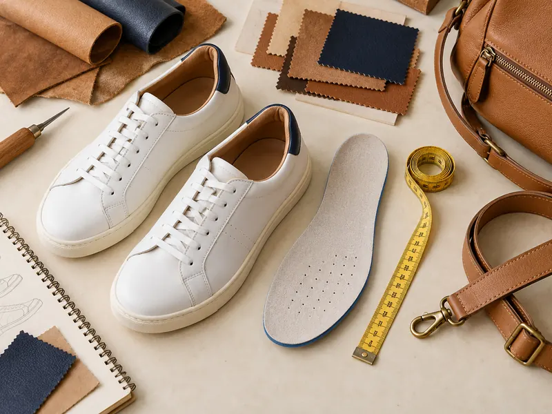 Shoe sizing tools, leather swatches and bag hardware on an inspection workbench